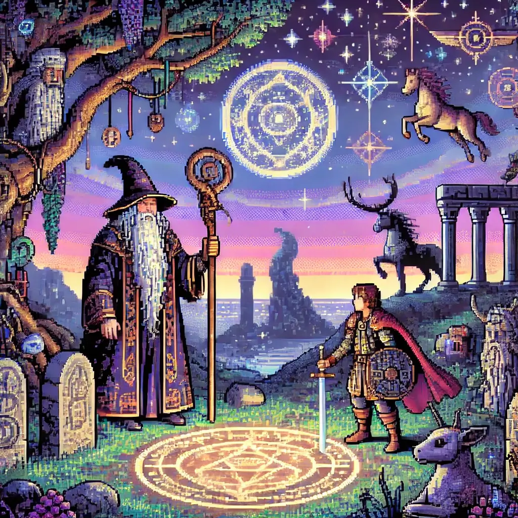 7 Astounding Ways Myth & Folklore Forge Modern Fantasy! 2 Pixel art of a wizard and a young hero standing before mythic ruins with glowing runes and a flying dragon in the twilight sky. Myth & Folklore