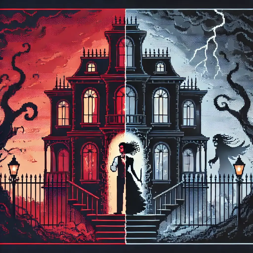 3 Chilling Secrets: The Psychological Depths of Gothic Novels that Still Haunt Us 2 Pixel art of a Gothic mansion shrouded in mist, with twisted trees, a stormy sky, and a shadowy woman at a tall window—symbolizing psychological confinement and horror.