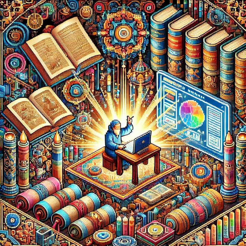 Pixel art of a small creator at a desk with books, scrolls, and digital screens, symbolizing traditional knowledge and IP protection.